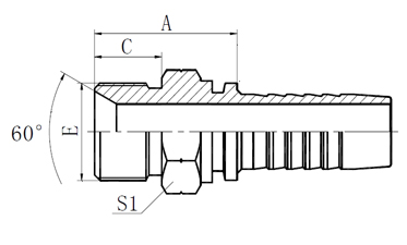      BSPT 外絲接頭  型號 螺紋E 軟管內徑 HOSE BORE 尺寸DIMENSIONS  PART NO THREAD E 公稱內徑DN 標號DASH A C S1  F0-130-02-03 R1/8"X28 5 03 22 10 12  F0-130-02-04 R1/8"X28 6 04 22.5 10 12  F0-130-04-04 R1/4"X19 6 04 27 14.5 14  F0-130-04-05 R1/4"X19 8 05 25 15.4 14  F0-130-04-06 R1/4"X19 10 06 27 14.5 17  F0-130-06-04 R3/8"X19 6 04 27.5 15 17  F0-130-06-05 R3/8"X19 8 05 26.5 15 17  F0-130-06-06 R3/8"X19 10 06 27.5 15 17  F0-130-06-08 R3/8"X19 12 08 30 15 19  F0-130-08-06 R1/2"X14 10 06 34.5 20 22  F0-130-08-08 R1/2"X14 12 08 35 20 22  F0-130-08-10 R1/2"X14 6 10 38 20 22  F0-130-08-12 R1/2"X14 20 12 38 20 27  F0-130-12-08 R3/4"X14 12 08 37 20 27  F0-130-12-10 R3/4"X14 16 10 38 20 27  F0-130-12-12 R3/4"X14 20 12 38.5 20 27  F0-130-12-16 R3/4"X14 25 16 39.5 20 32  F0-130-16-12 R1"X11 20 12 44 25.5 36  F0-130-16-16 R1"X11 25 16 45 25.5 36  F0-130-20-20 R1.1/4"X14 32 20 49.5 26.5 46  F0-130-24-24 R1.1/4"X14 40 24 51.5 26.5 50  F0-130-32-24 R1.1/2"X14 40 24 57 30 65  F0-130-32-32 R2"X14 50 32 57 30 65  注：如需SS304材質型號為F0-130S-**-** , 材質可選 S：SS304 SS：SS316 C：碳鋼        NPT外絲接頭  型號 螺紋E 軟管內徑 HOSE BORE 尺寸DIMENSIONS  PART NO THREAD E 公稱內徑DN 標號DASH A C S1  F0-156S-02-03 Z1/8"X27 5 03 22.5 10.5 12  F0-156S-02-04 Z1/8"X27 6 04 22.5 10.5 12  F0-156S-04-03 Z1/4"X18 5 03 27.5 15 17  F0-156S-04-04 Z1/4"X18 6 04 28 15 17  F0-156S-04-05 Z1/4"X18 8 05 28 15 17  F0-156S-04-06 Z1/4"X18 10 06 27 15 17  F0-156S-06-04 Z3/8"X18 6 04 28 16 19  F0-156S-06-05 Z3/8"X18 8 05 28 16 19  F0-156S-06-06 Z3/8"X18 10 06 30 16 19  F0-156S-06-08 Z3/8"X18 12 08 30.5 16 19  F0-156S-08-06 Z1/2"X14 10 06 34.5 19.5 22  F0-156S-08-08 Z1/2"X14 12 08 34.5 19.5 22  F0-156S-08-10 Z1/2"X14 16 10 36 19.5 22  F0-156S-12-08 Z3/4"X14 12 08 37.5 19.5 27  F0-156S-12-10 Z3/4"X14 16 10 38 19.5 27  F0-156S-12-12 Z3/4"X14 20 12 38.5 19.5 27  F0-156S-12-16 Z3/4"X14 25 16 39.5 19.5 32  F0-156S-16-10 Z1"X11.5 16 10 45 25.5 36  F0-156S-16-12 Z1"X11.5 20 12 45 25.5 36  F0-156S-16-16 Z1"X11.5 25 16 44.5 25.5 36  F0-156S-20-16 Z1.14"X11.5 25 16 49.5 26.5 46  F0-156S-20-20 Z1.14"X11.5 32 20 49 26.5 46  F0-156S-24-24 Z1.12"X11.5 40 24 51 27.5 50  F0-156S-32-32 Z2"X11.5 50 32 55 27.5 65  注：如需SS316材質編碼為F0-156SS-xx-xx , 材質可選 S：SS304 SS：SS316 C：碳鋼        G螺紋外絲接頭  型號 螺紋E 軟管內徑 HOSE BORE 尺寸DIMENSIONS  PART NO THREAD E 公稱內徑DN 標號DASH A C S1  F0-126S-02-03 G1/8"X28 5 03 22 10 12  F0-126S-04-04 G1/4"X19 6 04 24.5 12 14  F0-126S-06-05 G3/8"X19 8 05 26 13.5 17  F0-126S-06-06 G3/8"X19 10 06 27.5 13.5 17  F0-126S-06-08 G3/8"X19 12 08 26.5 16 19  F0-126S-08-06 G1/2"X14 10 06 30.5 16 22  F0-126S-08-08 G1/2"X14 12 08 31 17.5 22  F0-126S-10-08 G5/8"X14 12 08 32.5 17.5 24  F0-126S-10-10 G5/8"X14 16 10 33.5 18.5 24  F0-126S-12-08 G3/4"X14 12 08 35.5 18.5 27  F0-126S-12-10 G3/4"X14 16 10 37 18.5 27  F0-126S-12-12 G3/4"X14 20 12 36.5 20.5 27  F0-126S-16-12 G1"X11 20 12 40.5 20.5 36  F0-126S-16-16 G1"X11 25 16 41.5 20.5 36  F0-126S-20-16 G1.1/4"X11 25 16 43.5 20.5 46  F0-126S-20-20 G1.1/4"X11 32 20 44.5 20.5 46  F0-126S-24-20 G1.1/2"X11 32 20 49 23 50  F0-126S-24-24 G1.1/2"X11 40 24 46 23 50  F0-126S-32-32 G2"X11 50 32 53.5 25.5 65  注：如需SS316材質編碼為F0-126SS-xx-xx , 材質可選 S：SS304 SS：SS316 C：碳鋼    產品：外絲接頭  品牌：RIGFLEX 工業(yè)接頭 低壓接頭  簡介：RIGFLEX外絲接頭，廣泛用于海洋、石油、化工、港口、礦山、汽車、農業(yè)、航天工程，工業(yè)建設，城市建設等連接領域。